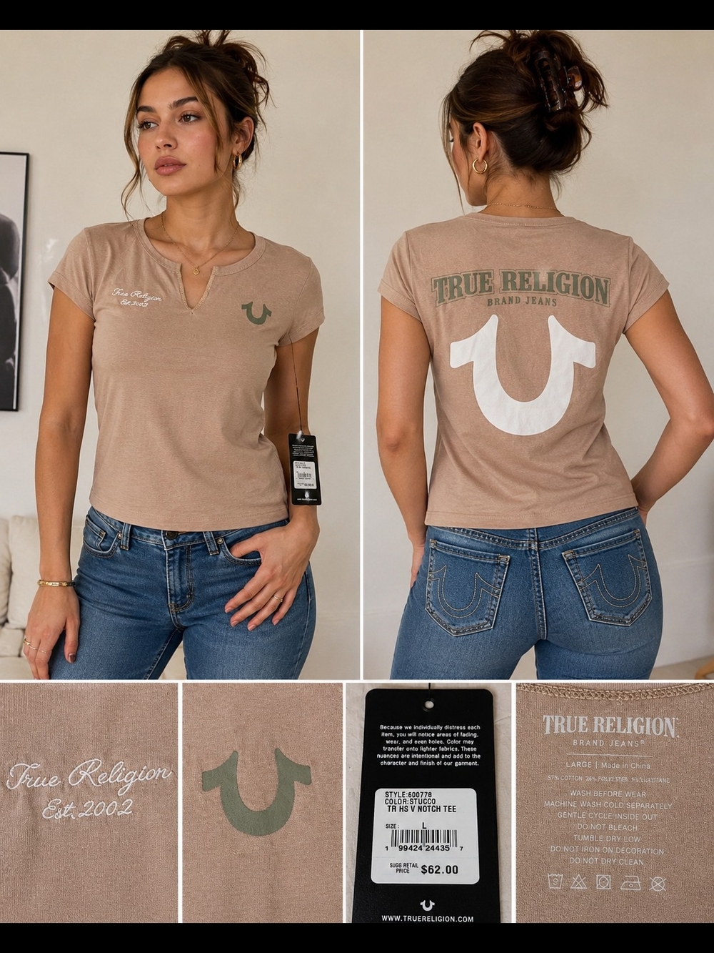 NWT True Religion Logo Notch Tee Size Large Beige Stucco Graphic T-Shirt